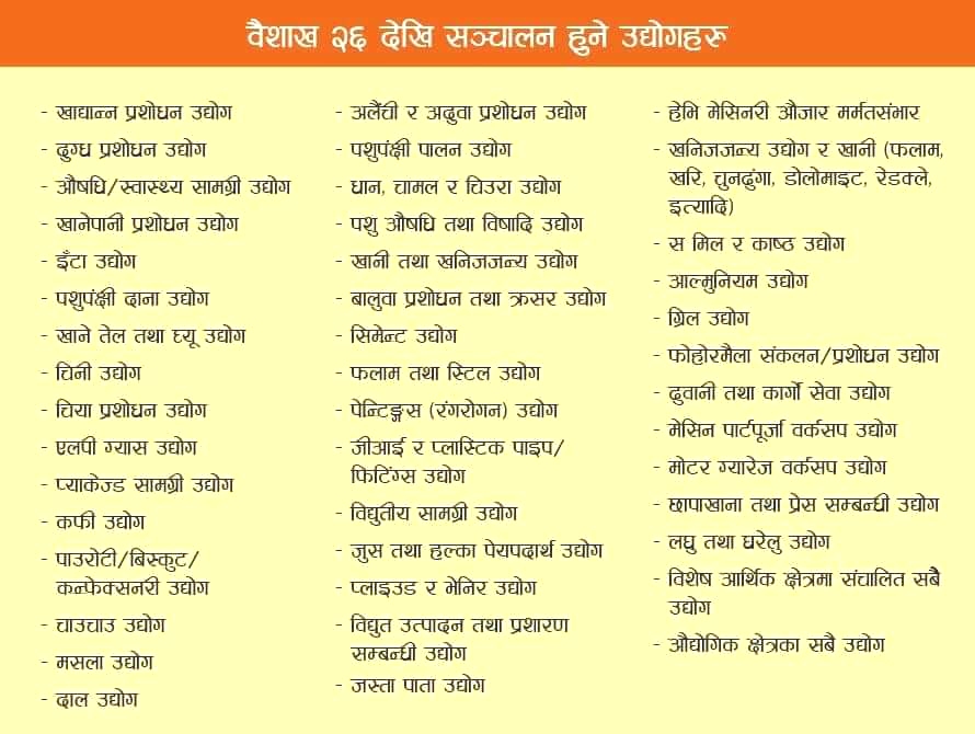 बैशाख २६ देखी सञ्चालन हुने उद्योगहरु