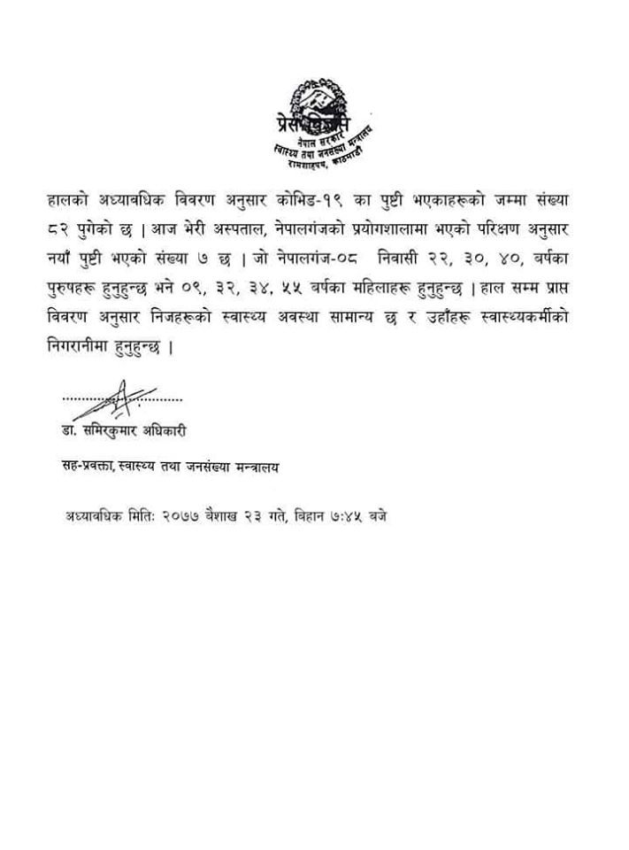 थप सात जनामा कोरोना संक्रमण पुष्टि, नेपालमा संक्रमितको संख्या ८२ पुग्यो
