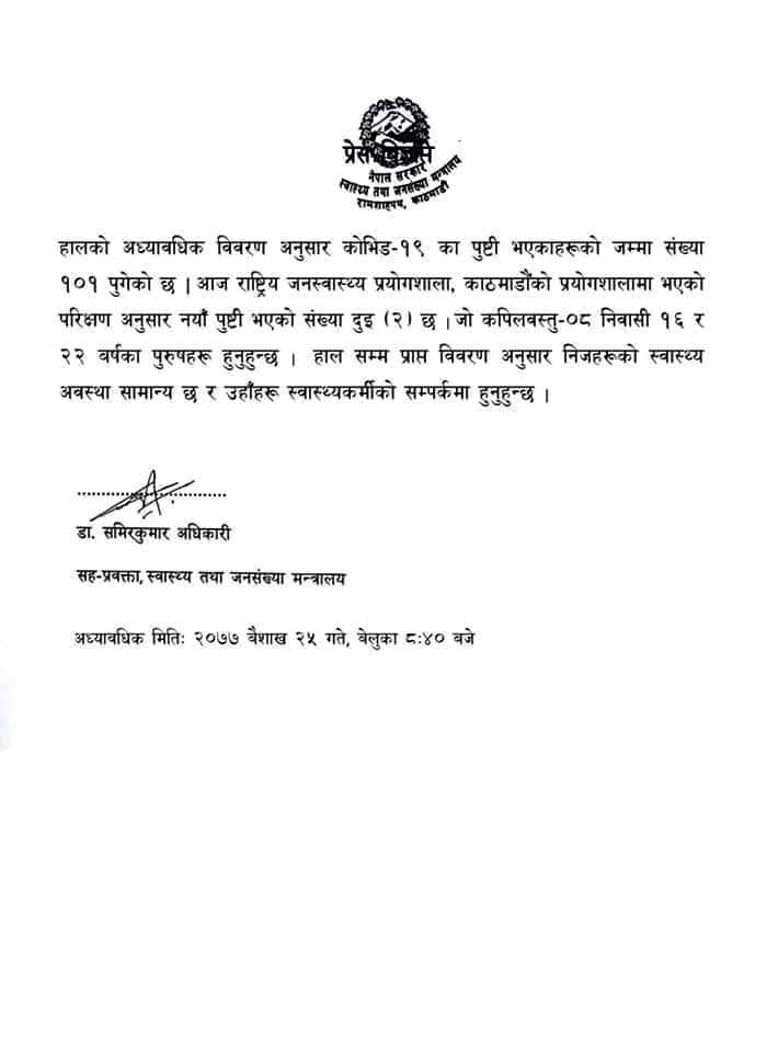 कपिलवस्तुमा थप दुई जनामा कोरोना संक्रमण पुष्टि,नेपालमा संक्रमितको संख्या १०१ पुग्यो