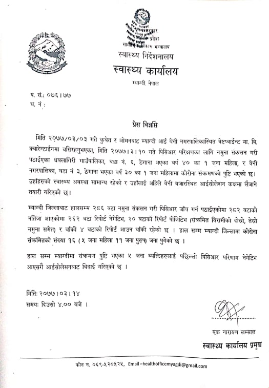 म्याग्दीमा थप दुई महिलामा कोरोना संक्रमण पुष्टि ,स्वास्थ्य अवस्था सामान्य