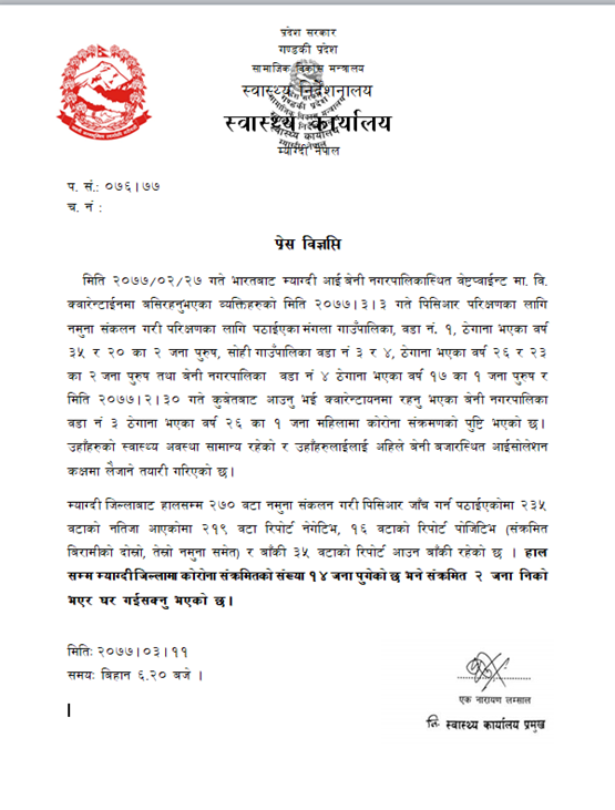 म्याग्दीमा थप ६ जनामा कोरोना संक्रमण पुष्टि