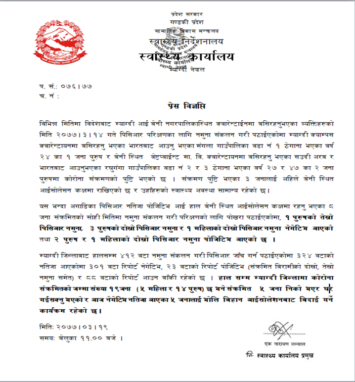 थप तीन जनामा कोरोना संक्रमण पुष्टि,म्याग्दीमा थप पाँच जनाले जिते कोरोना