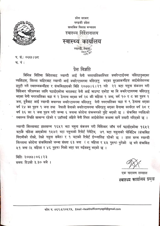 म्याग्दीमा थप ७ जनामा कोरोना संक्रमण पुष्टि