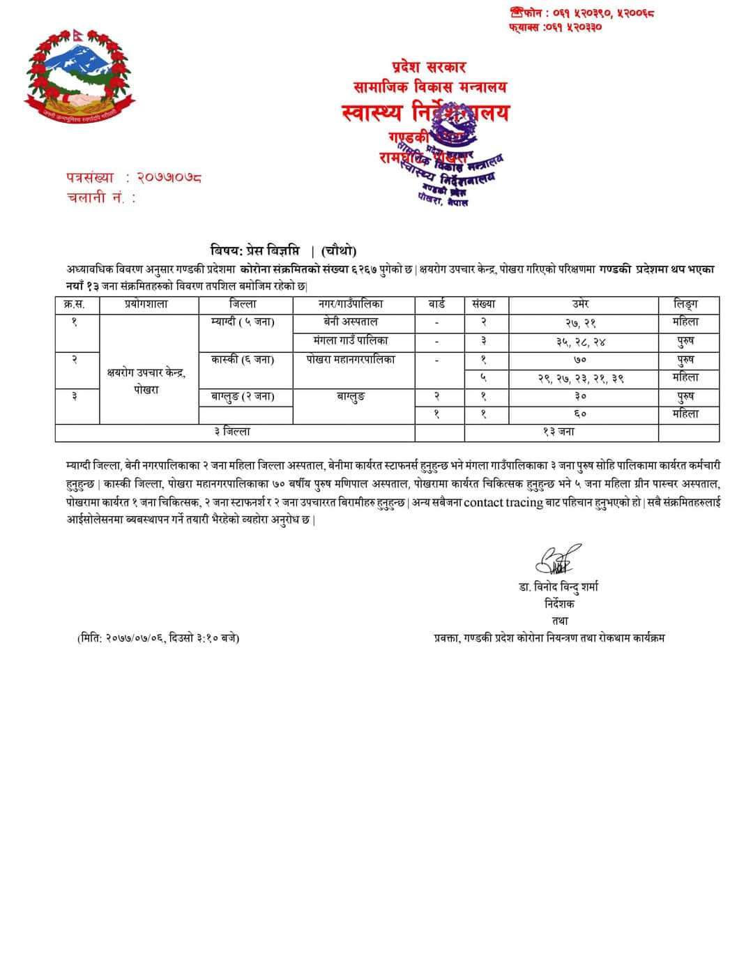 म्याग्दीमा थप ५ जनामा कोरोना पुष्टि ,संक्रमित मध्ये दुई स्वास्थ्यकर्मी र तीन कार्मचारी