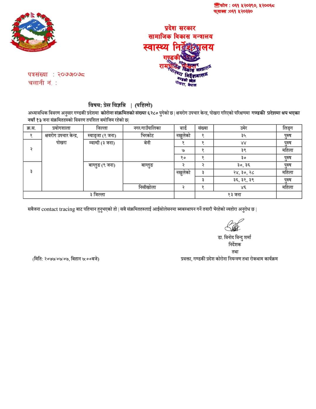 म्याग्दीमा ३ जना कोरोना संक्रमित थपिए
