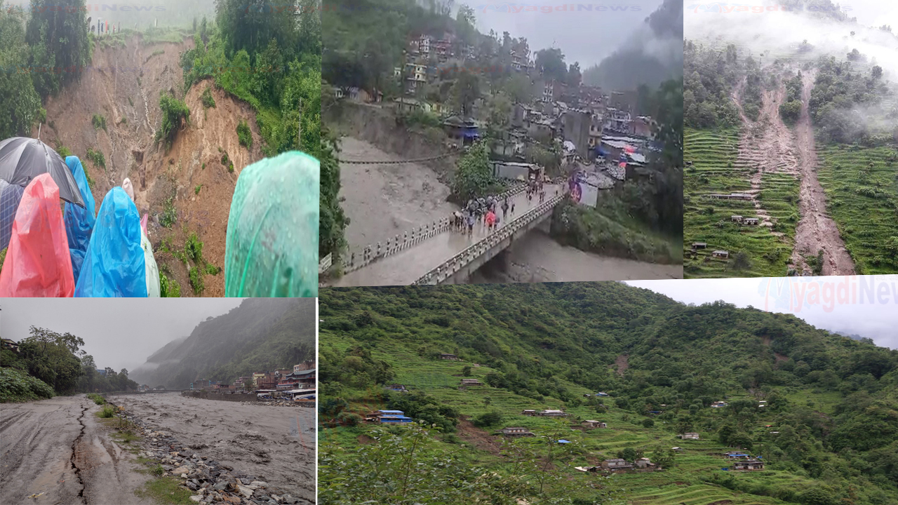 म्याग्दीमा बाढी–पहिरो कहर : ३६३ बढीलाई सुरक्षित स्थानमा सारियो,सडक र विद्युत अवरुद्ध