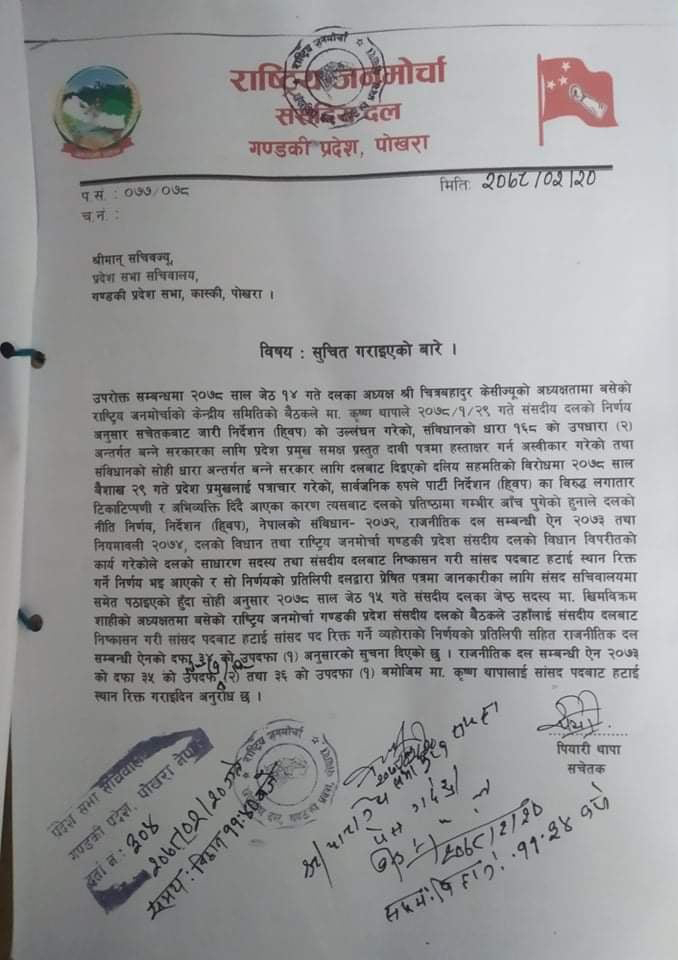 राष्ट्रिय जनमोर्चाका सांसद कृष्ण थापा पदमुक्त