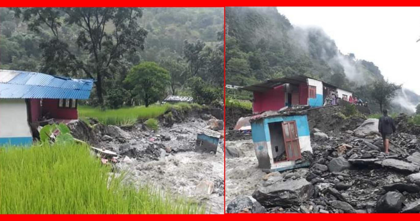 दुधेखोलामा आएको बाढीले एक घर बगायो,बस्ती उच्च जोखिममा