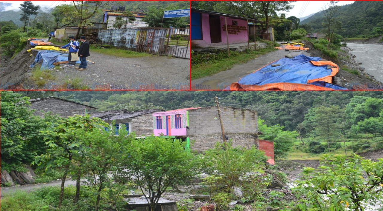 म्याग्दी नदी कटानले सरस्वती मावि र बस्ती उच्च जोखिममा (तस्बिर सहित )