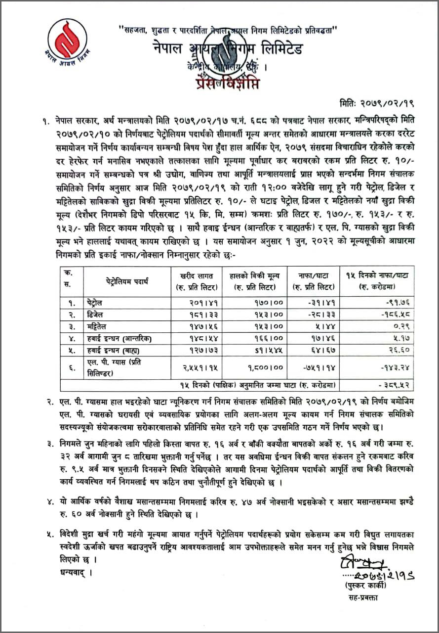 पेट्रोल, डिजेल र मट्टीतेलको मूल्य १० रुपैयाँ घट्यो