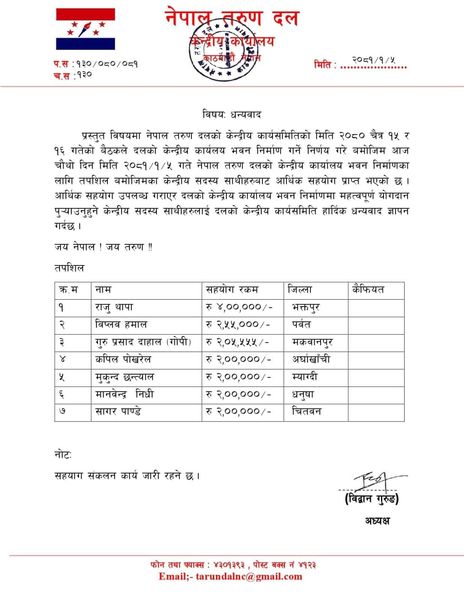 तरुण दल भवन निर्माण गर्न केन्द्रीय सदस्य छन्त्यालद्धारा २ लाख सहयोग