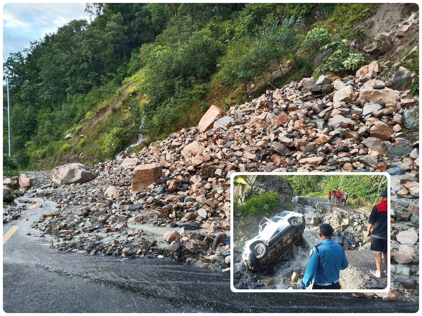 बाढी-पहिरोले मुख्य सडकहरु अवरुद्ध ,स्कोर्पियो बगायो र भवनमा क्षती